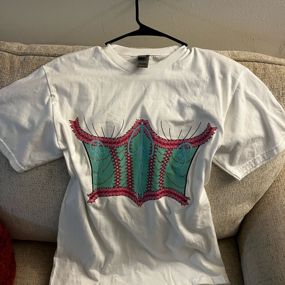 Designer White T-Shirt with Corset Print – 100% Cotton, Authentic Label